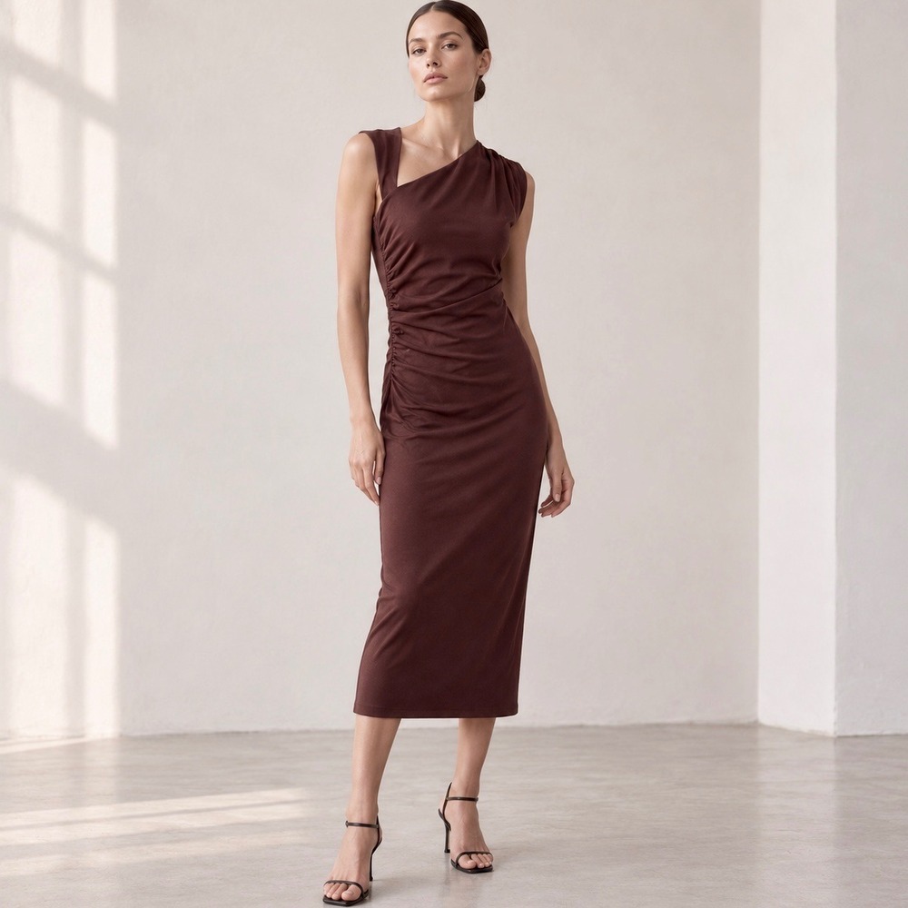Reformation Amiah Knit Midi Dress Cafe Brown Asymmetric Ruched Organic Cotton S